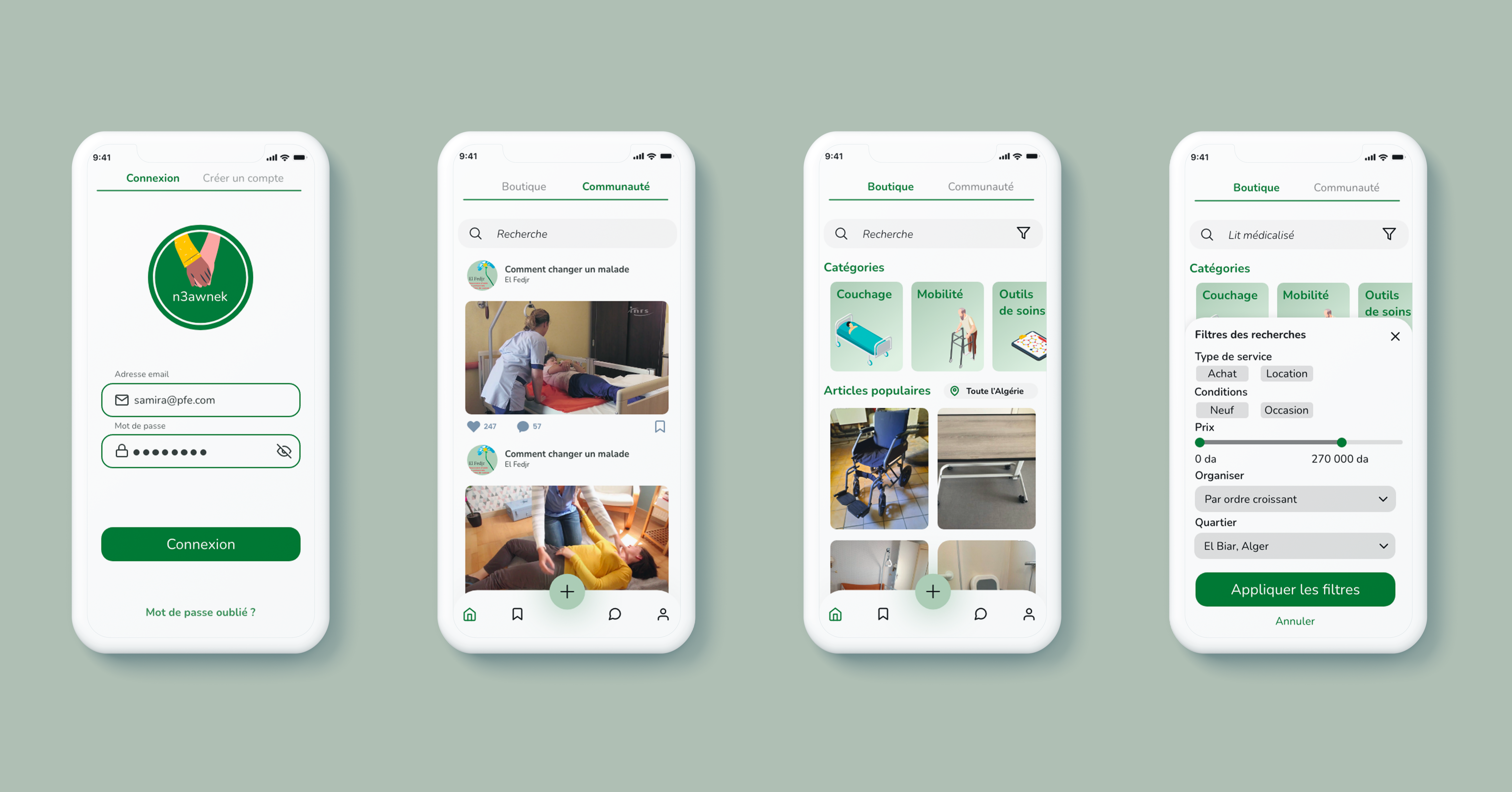 N'rawnek final high-fidelity UI screens displayed on iPhone mockup