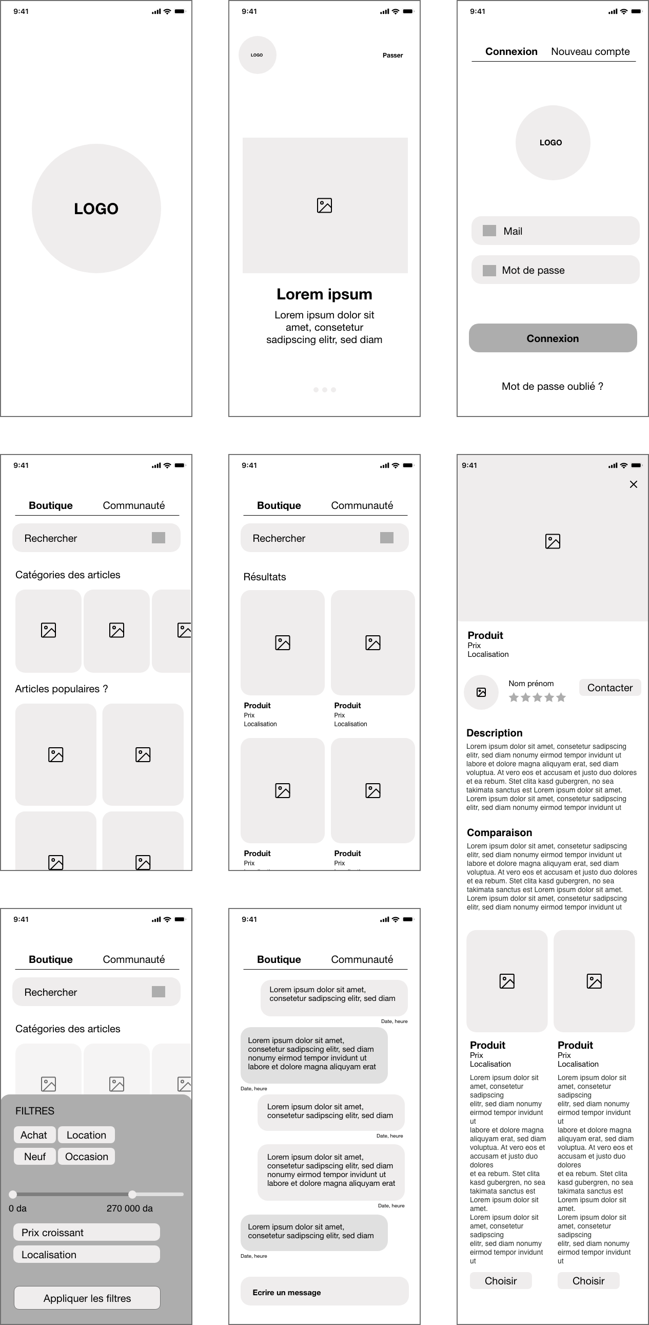 N'rawnek low-fidelity wireframes showing key screens: onboarding, home, shop, and community